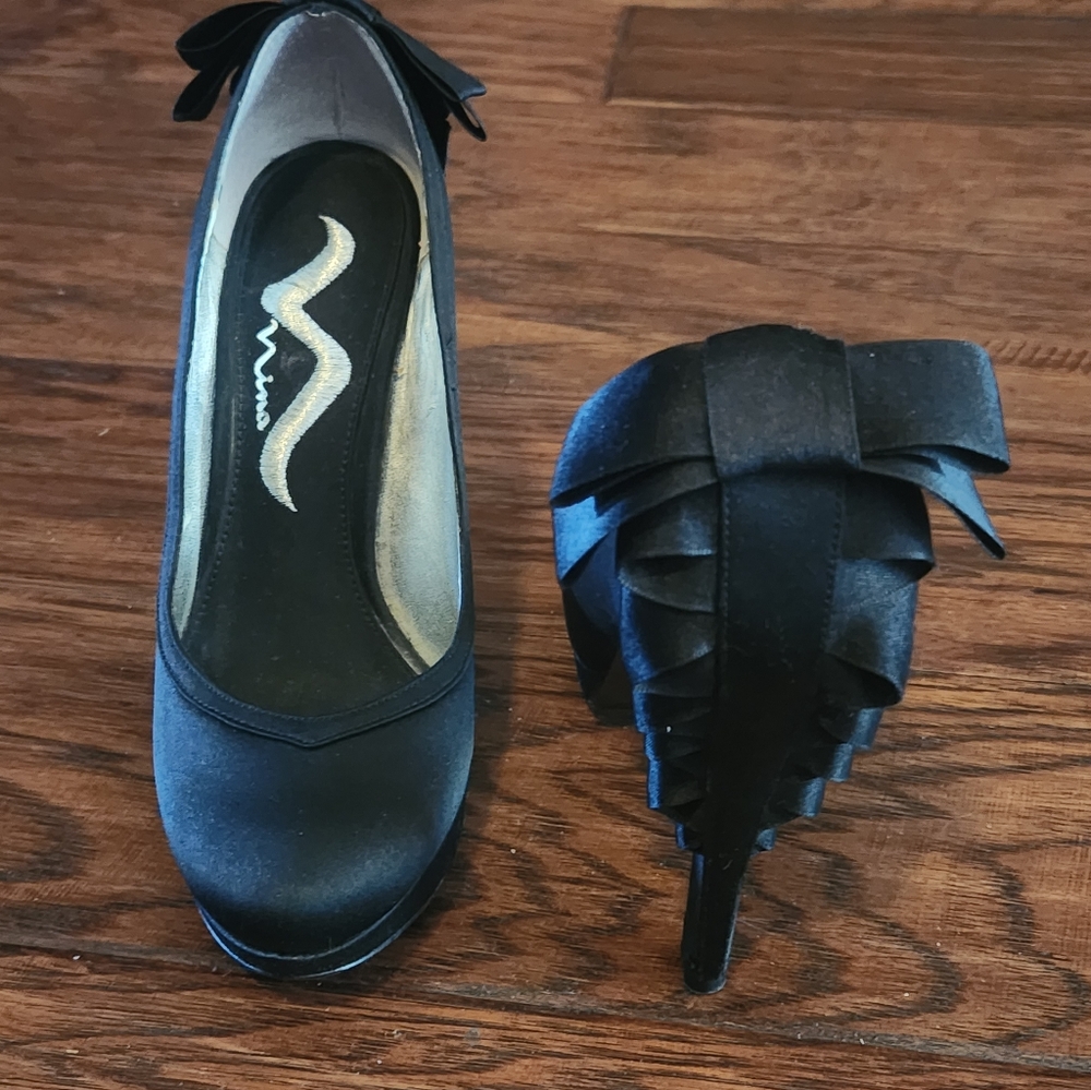 Nina Black Satin Heels with Bow Detail